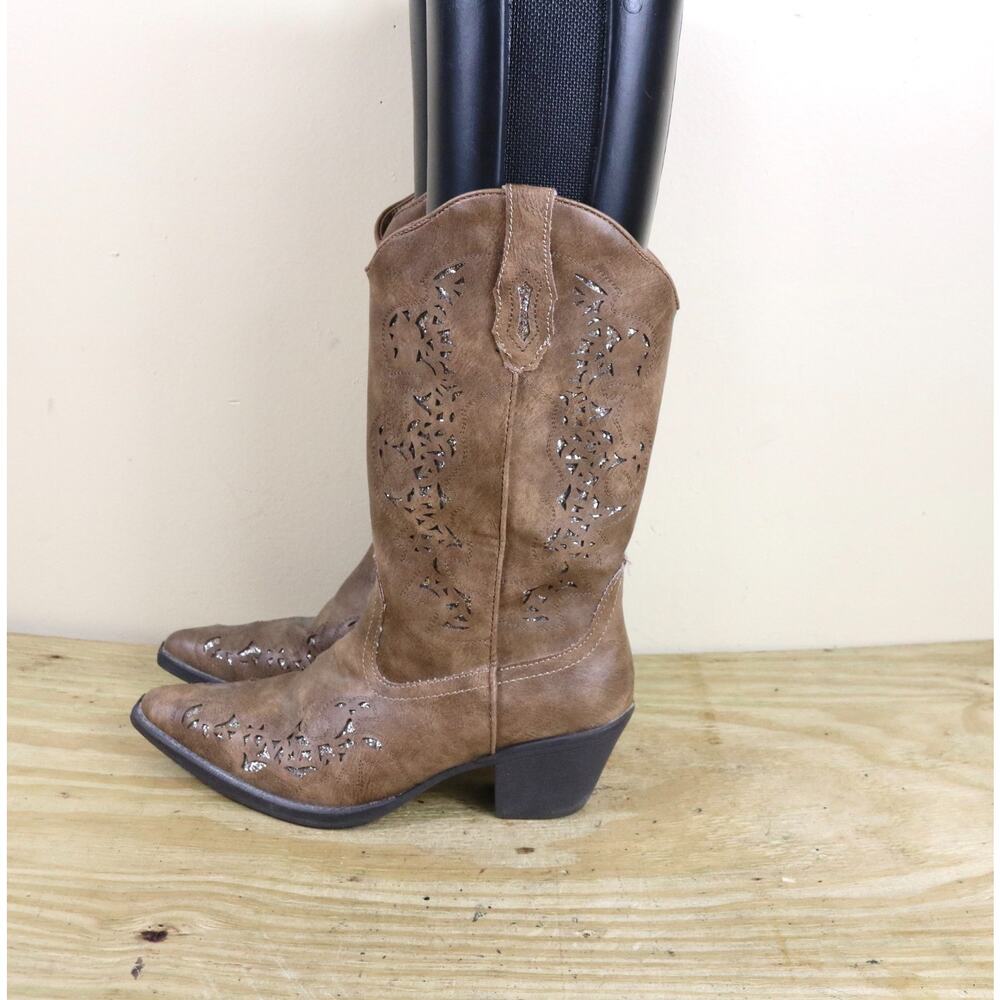 Roper Boots 7.5 Brown Faux Leather Alisa Snip Cutout Glitter Cowboy Western